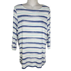 FDJ French Dressing Top Womens Small Amoy Striped 3/4 Sleeve Ruching Boatneck